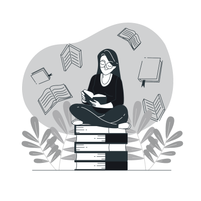 Ilustração de uma mulher lendo sobre uma pilha de livros com vários livros flutuando ao fundo